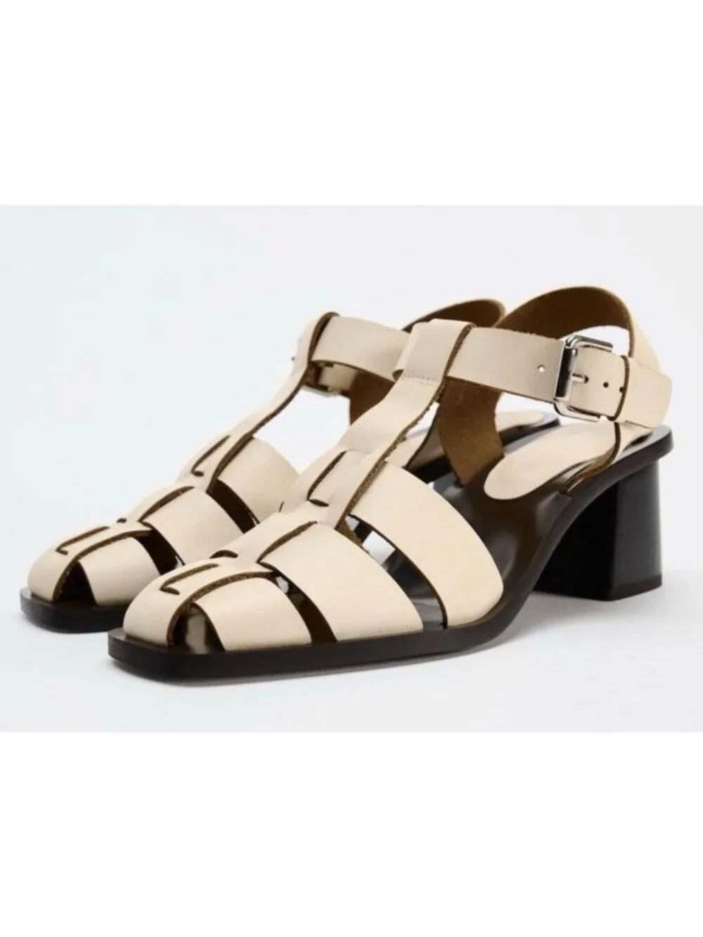 Zara NWOB Leather Cage Sandals Cream Size 6.5 With Block Heel & Buckle - Picture 4 of 7